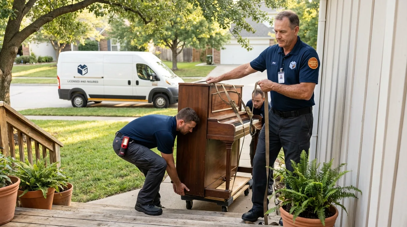 Licensed piano movers securing grand piano in Gorham, NH