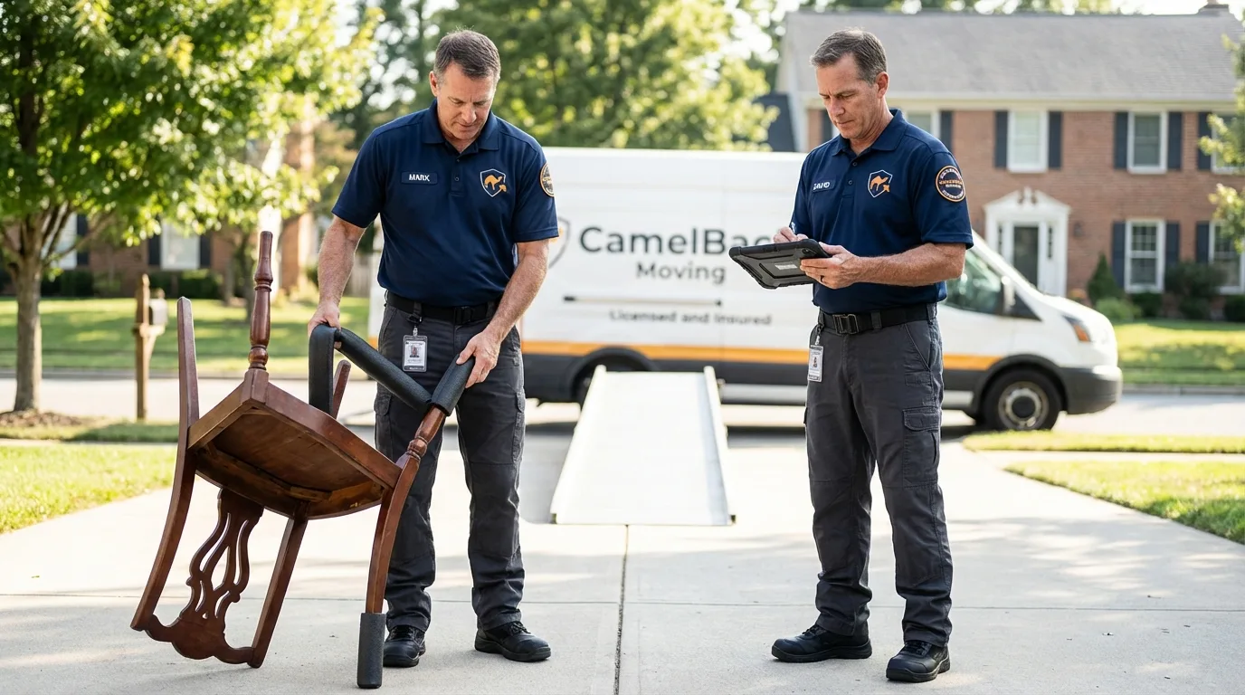 Movers inspecting furniture for damage prevention before loading in Gorham, NH