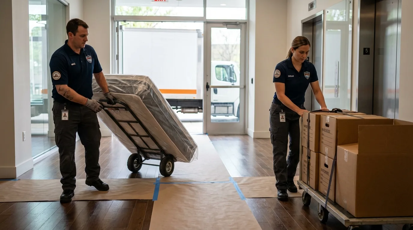 Professional apartment movers loading elevator in Gorham, NH